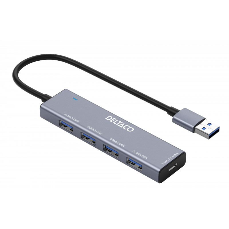 Deltaco USB-A hub, 4x USB-A female, 5 Gbps, aluminum, grey