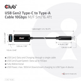 CLUB3D CAC-1536 USB-kaapeli 5 m USB4 Gen 3x2 USB C USB A